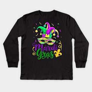 Mardi Gras 2024 Girls Mask Beads New Orleans Party Kids Long Sleeve T-Shirt